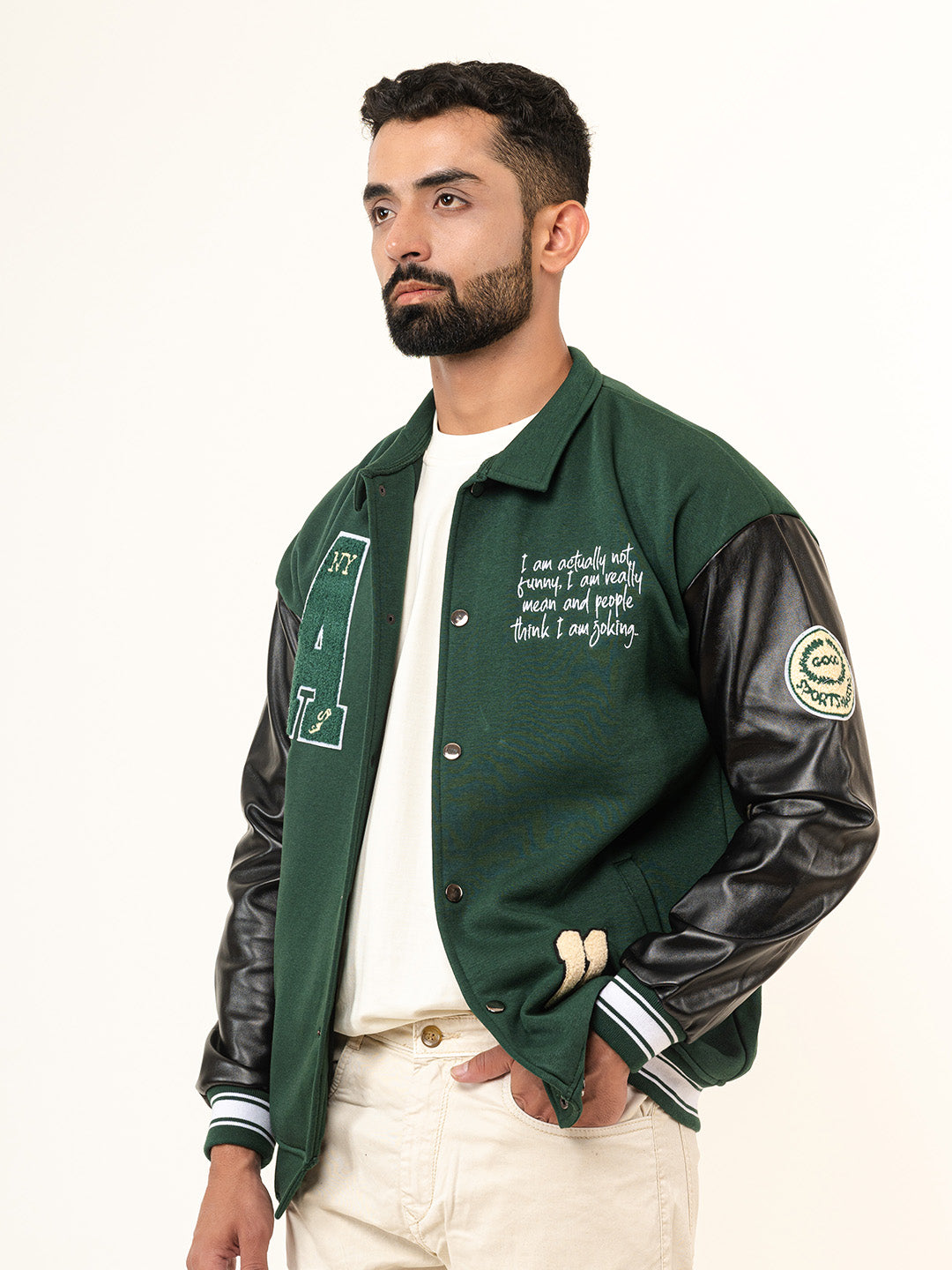 Green A With Leather Sleeves Varsity Jacket