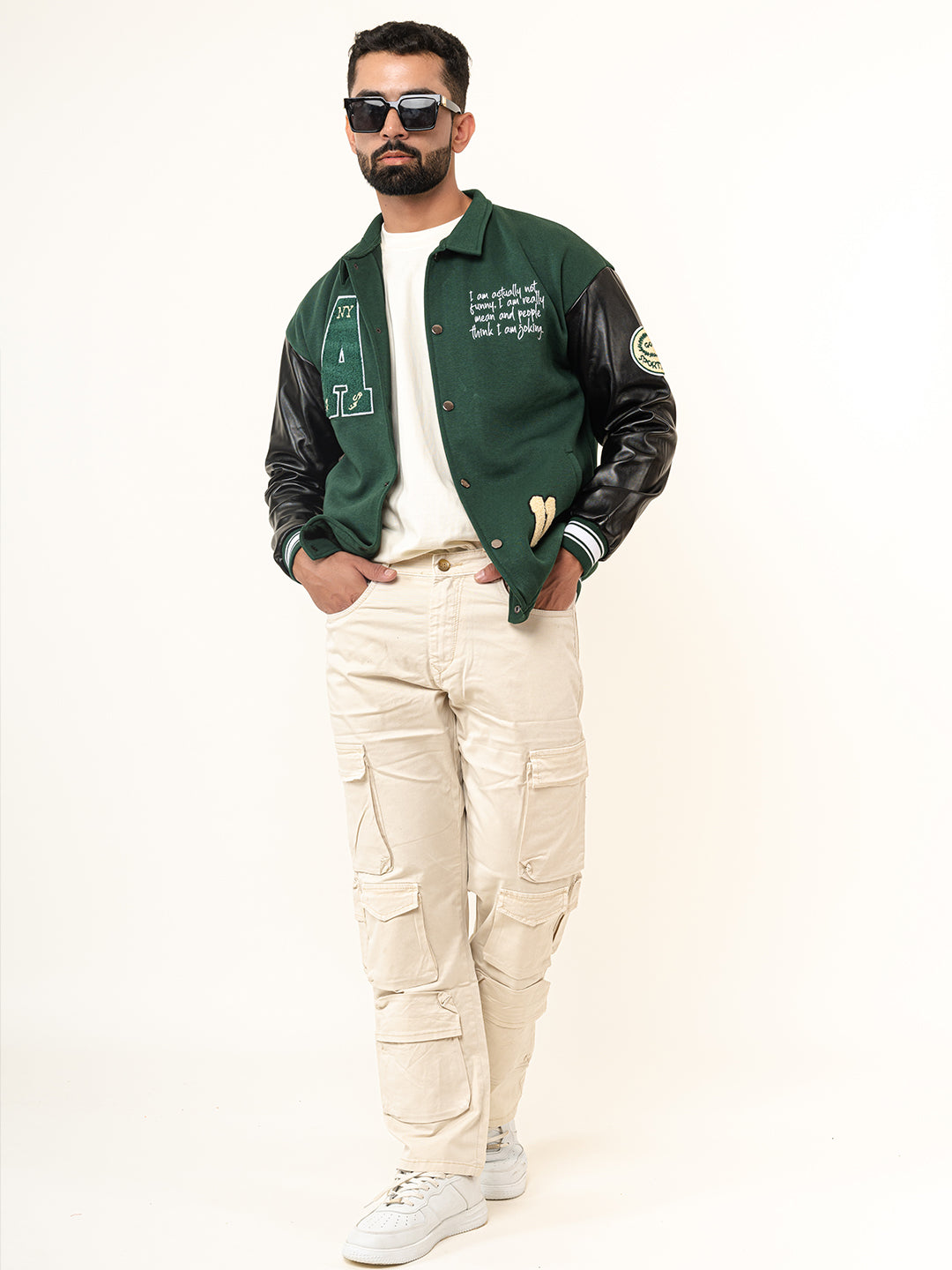 Green A With Leather Sleeves Varsity Jacket