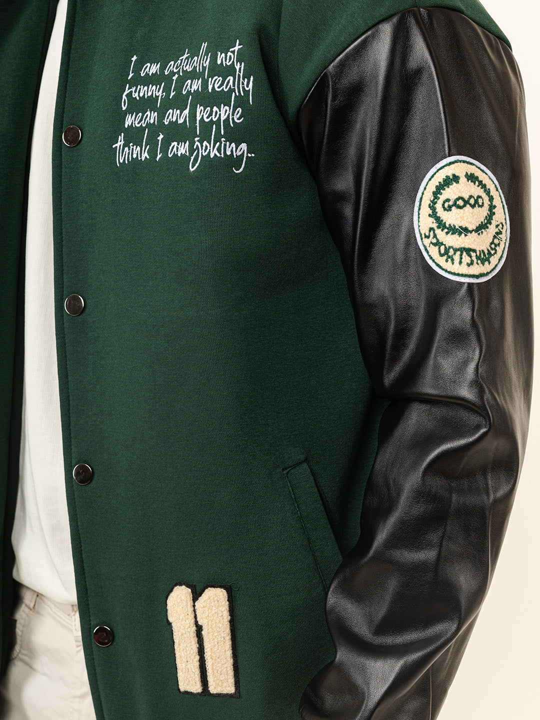 Green A With Leather Sleeves Varsity Jacket