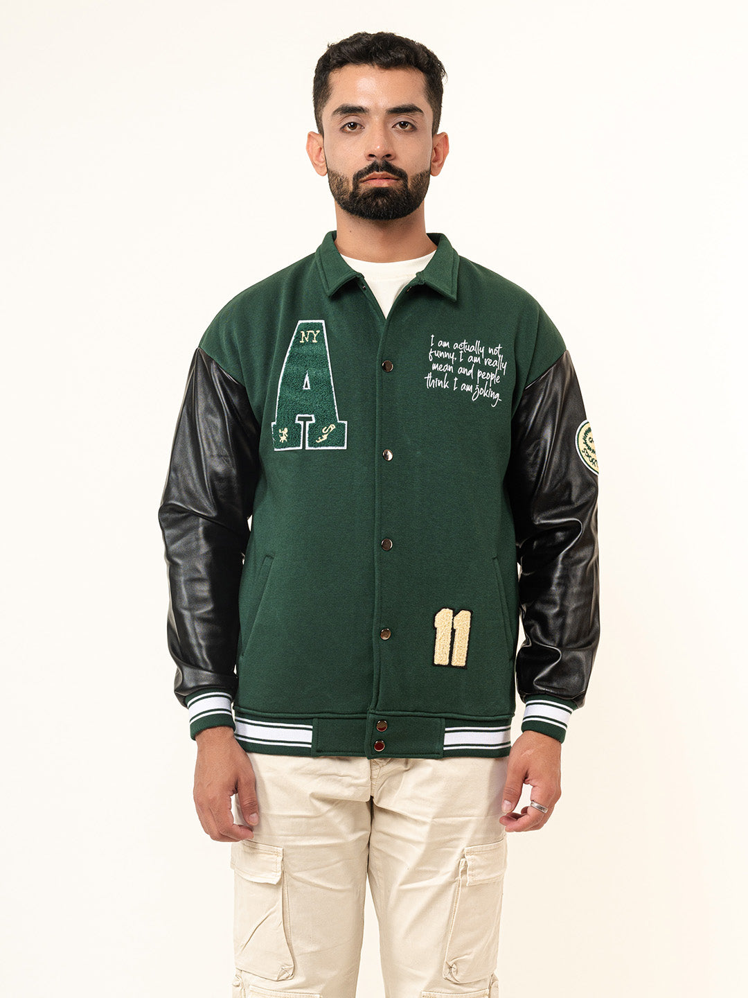 Green A With Leather Sleeves Varsity Jacket