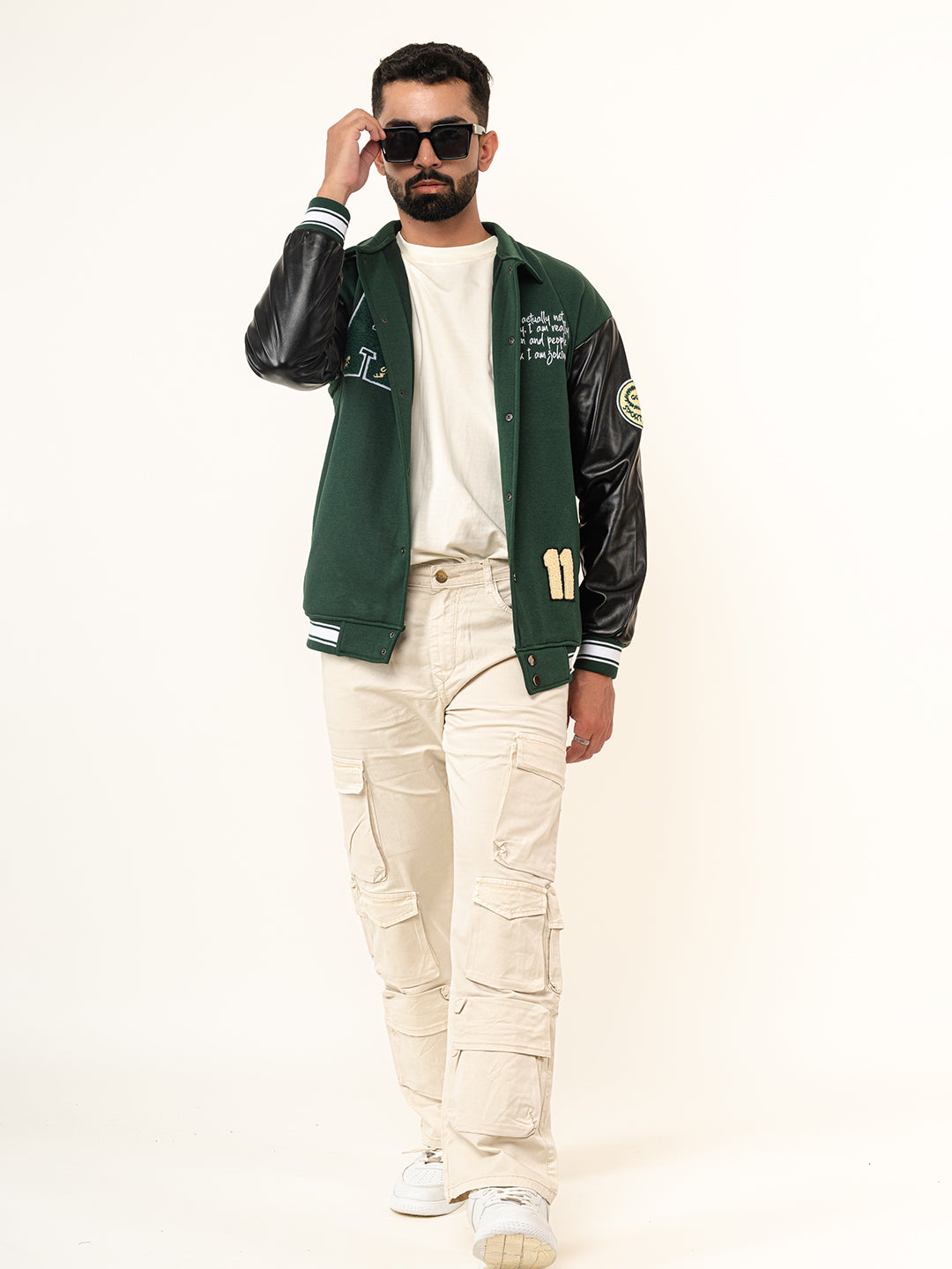 Green A With Leather Sleeves Varsity Jacket