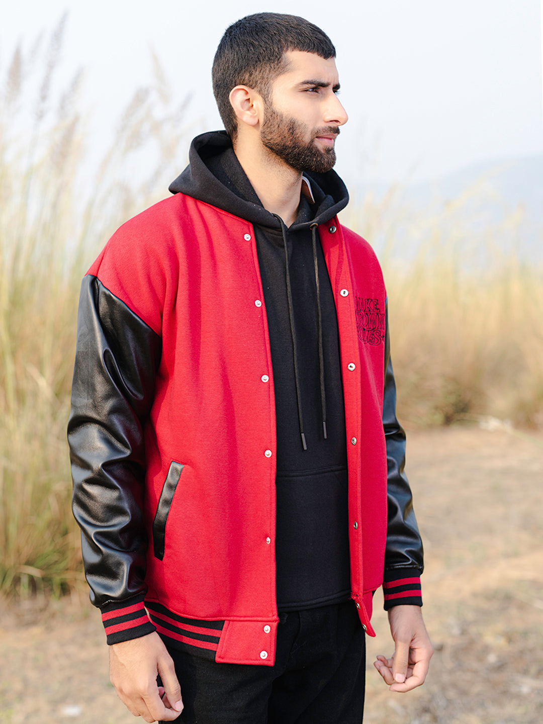 Red Billionaire With Leather Sleeves Varsity Jacket