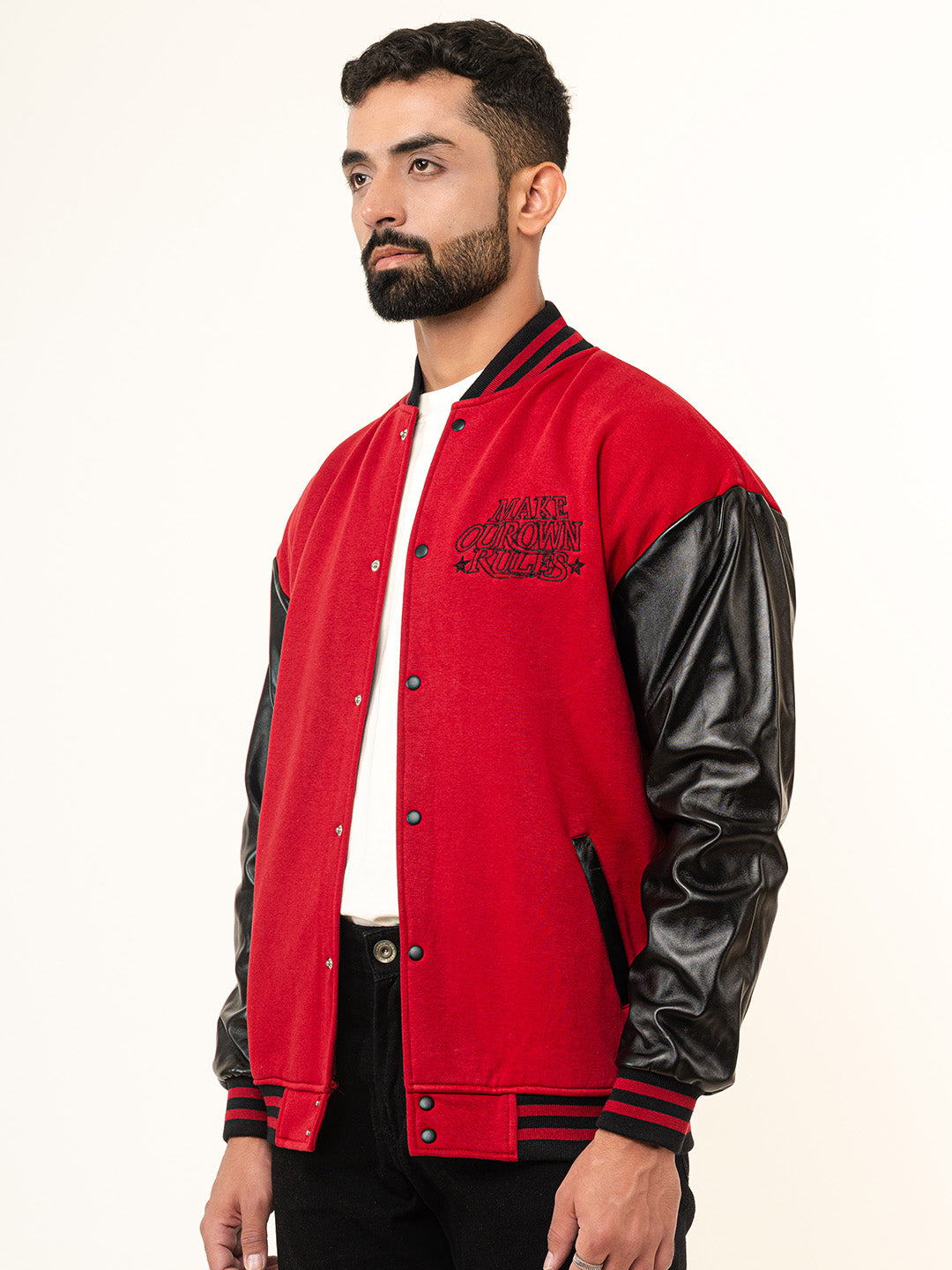 Red Billionaire With Leather Sleeves Varsity Jacket