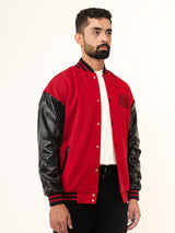 Red Billionaire With Leather Sleeves Varsity Jacket