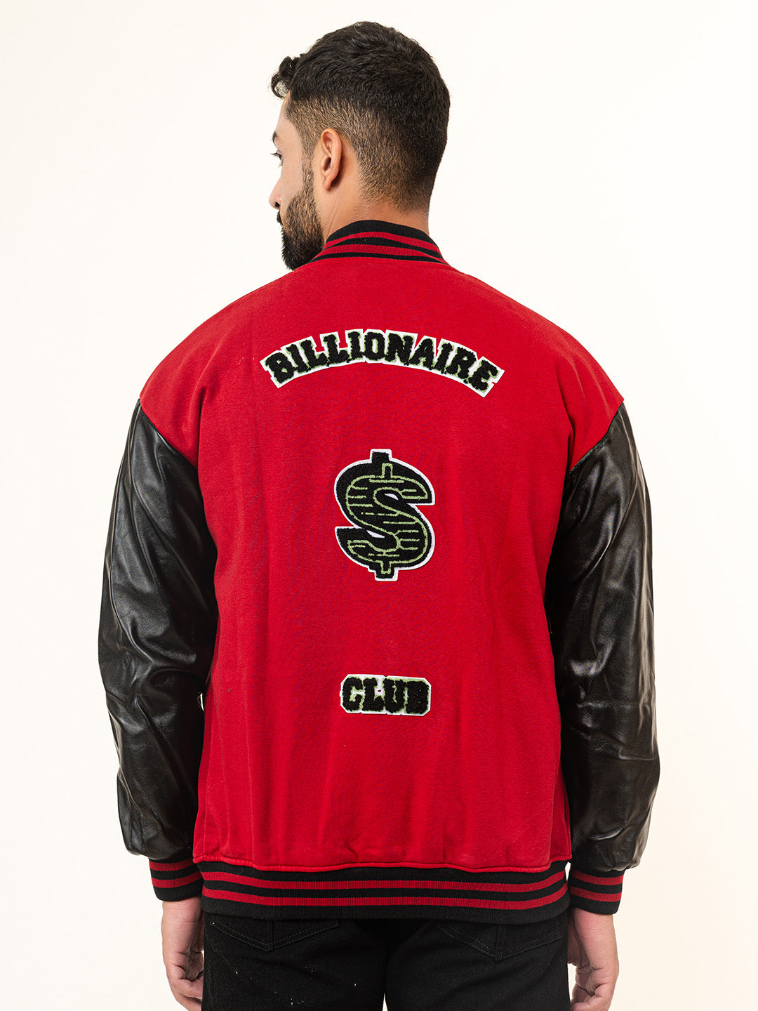 Red Billionaire With Leather Sleeves Varsity Jacket