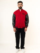 Red Billionaire With Leather Sleeves Varsity Jacket