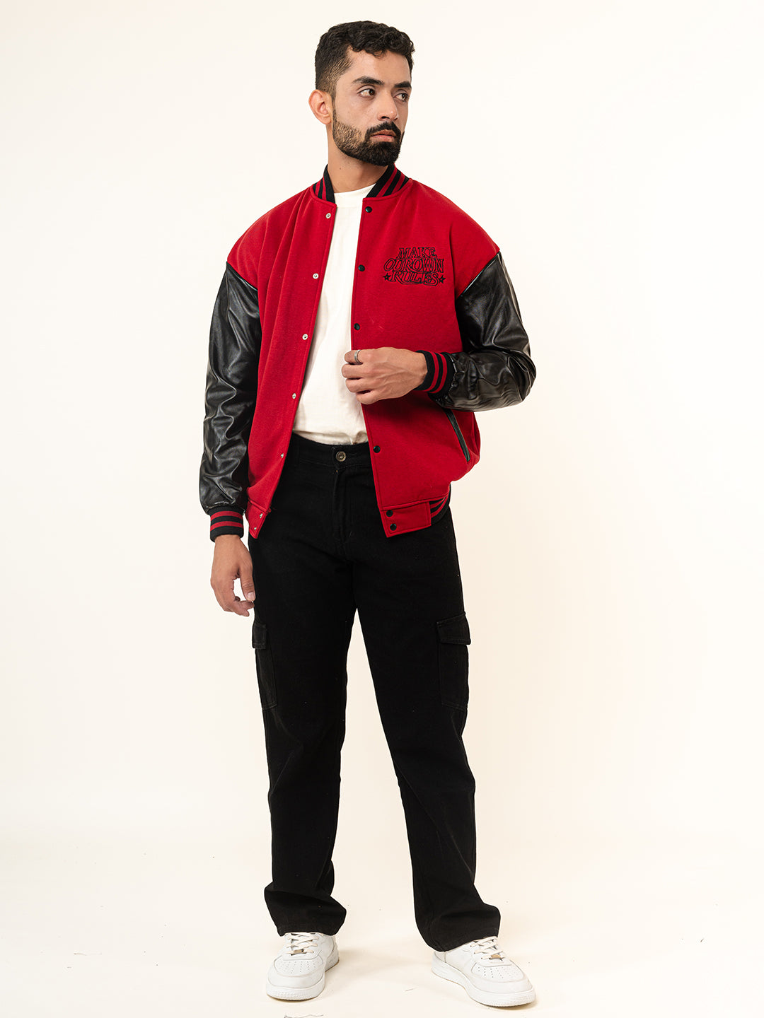 Red Billionaire With Leather Sleeves Varsity Jacket