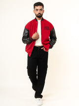 Red Billionaire With Leather Sleeves Varsity Jacket