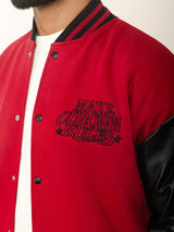 Red Billionaire With Leather Sleeves Varsity Jacket