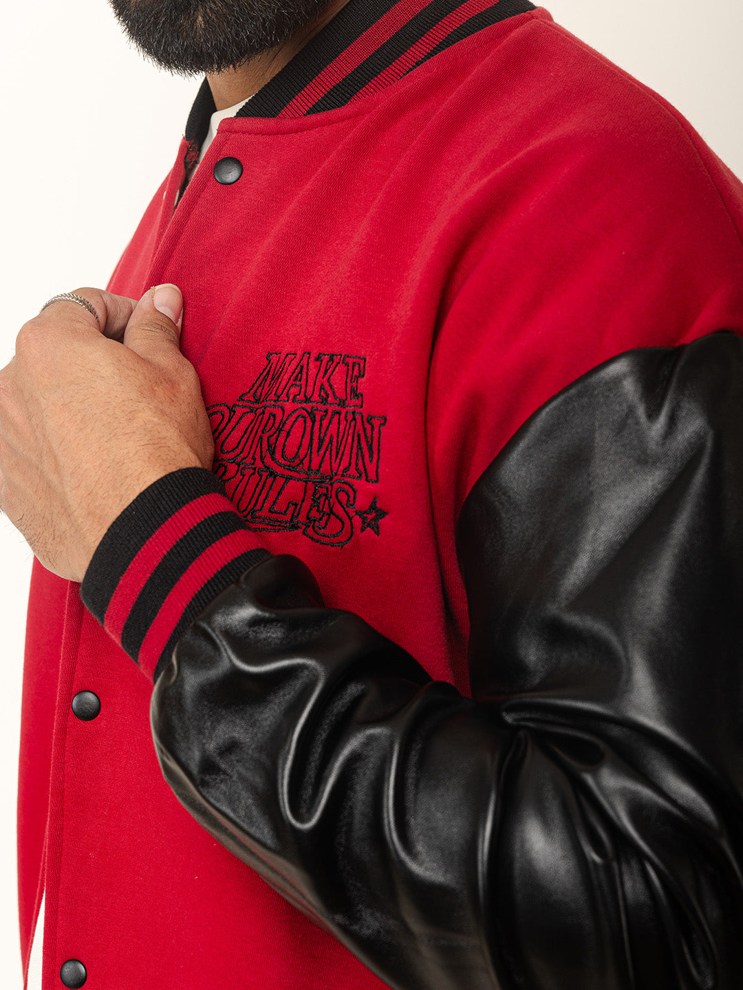 Red Billionaire With Leather Sleeves Varsity Jacket