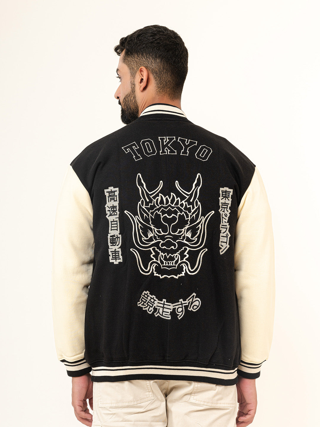 Black Tokyo Printed Varsity Jacket