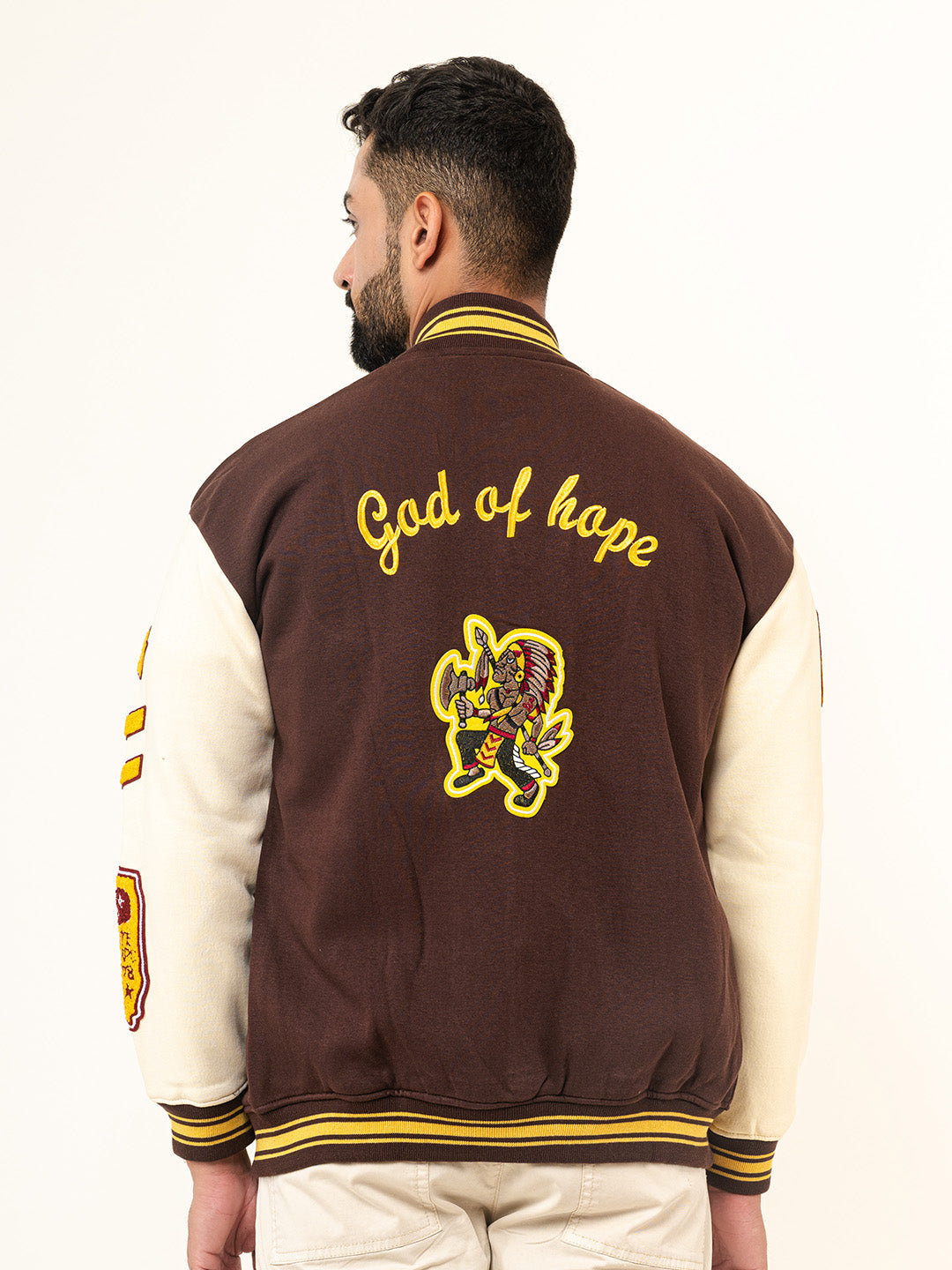 Brown God Of Hope Printed Varsity Jacket (Unisex)