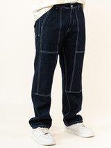 Dark Blue Flared Straight Fit Denim Cargo Jeans