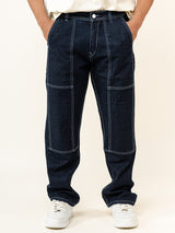 Dark Blue Flared Straight Fit Denim Cargo Jeans