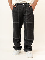 Carbon Black Flared Straight Fit Denim Cargo Jeans