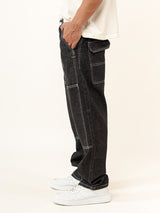 Carbon Black Flared Straight Fit Denim Cargo Jeans