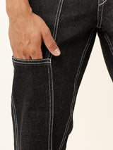 Black Flared Straight Fit Denim Cargo Jeans