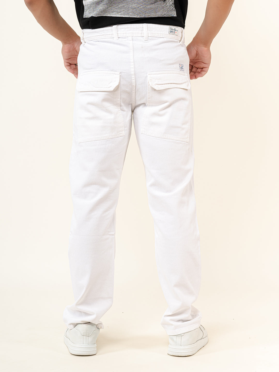 White Flared Straight Fit Denim Cargo Jeans