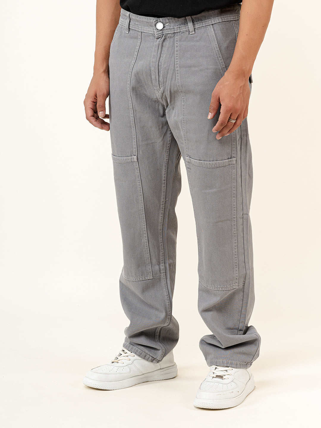 Grey Flared Straight Fit Denim Cargo Jeans