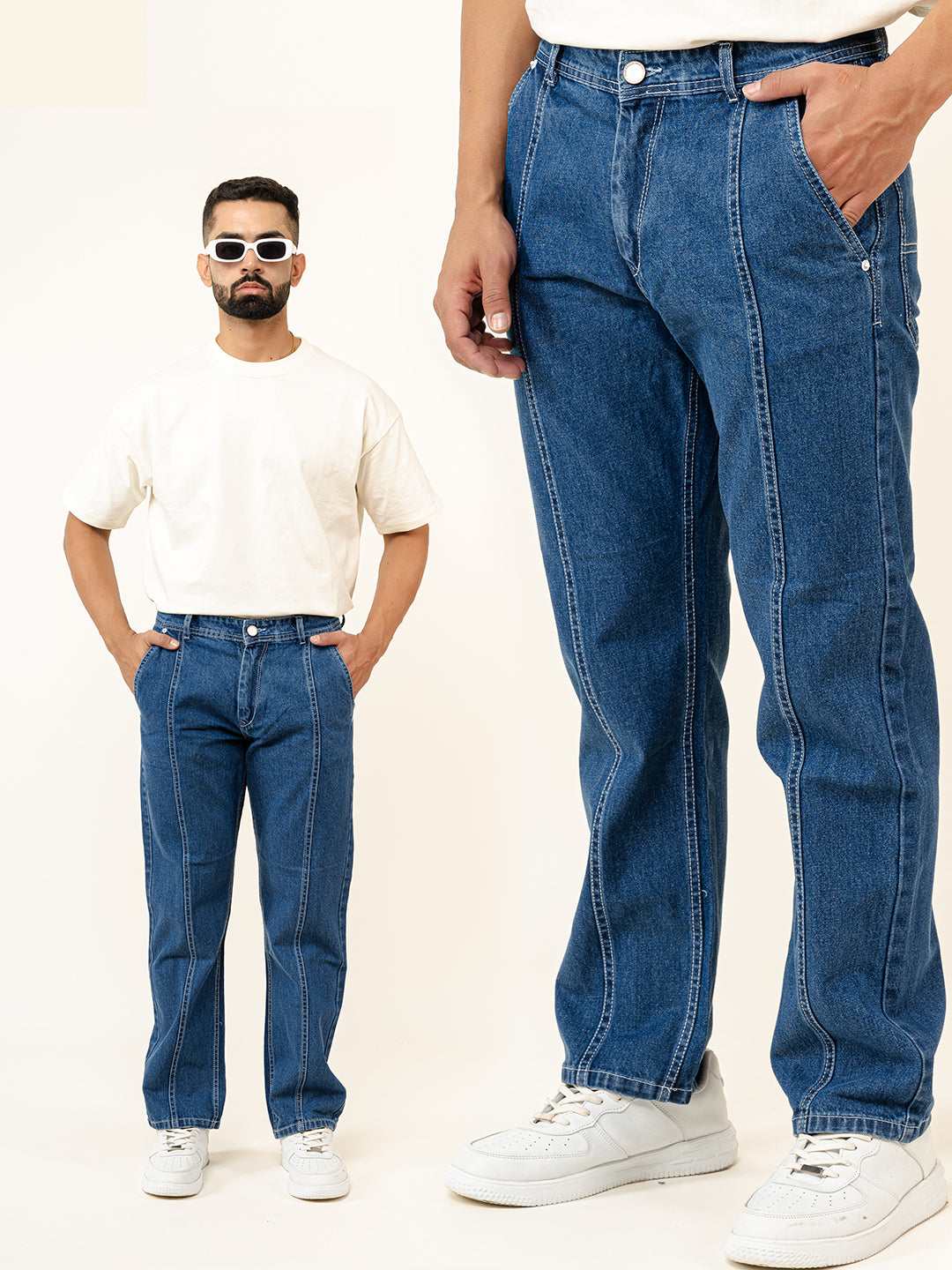 Blue Flared Straight Fit Denim Cargo Jeans