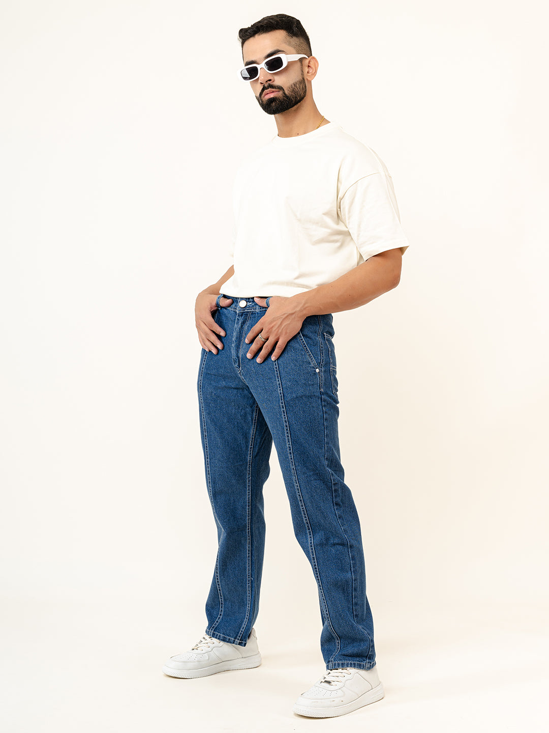 Blue Flared Straight Fit Denim Cargo Jeans