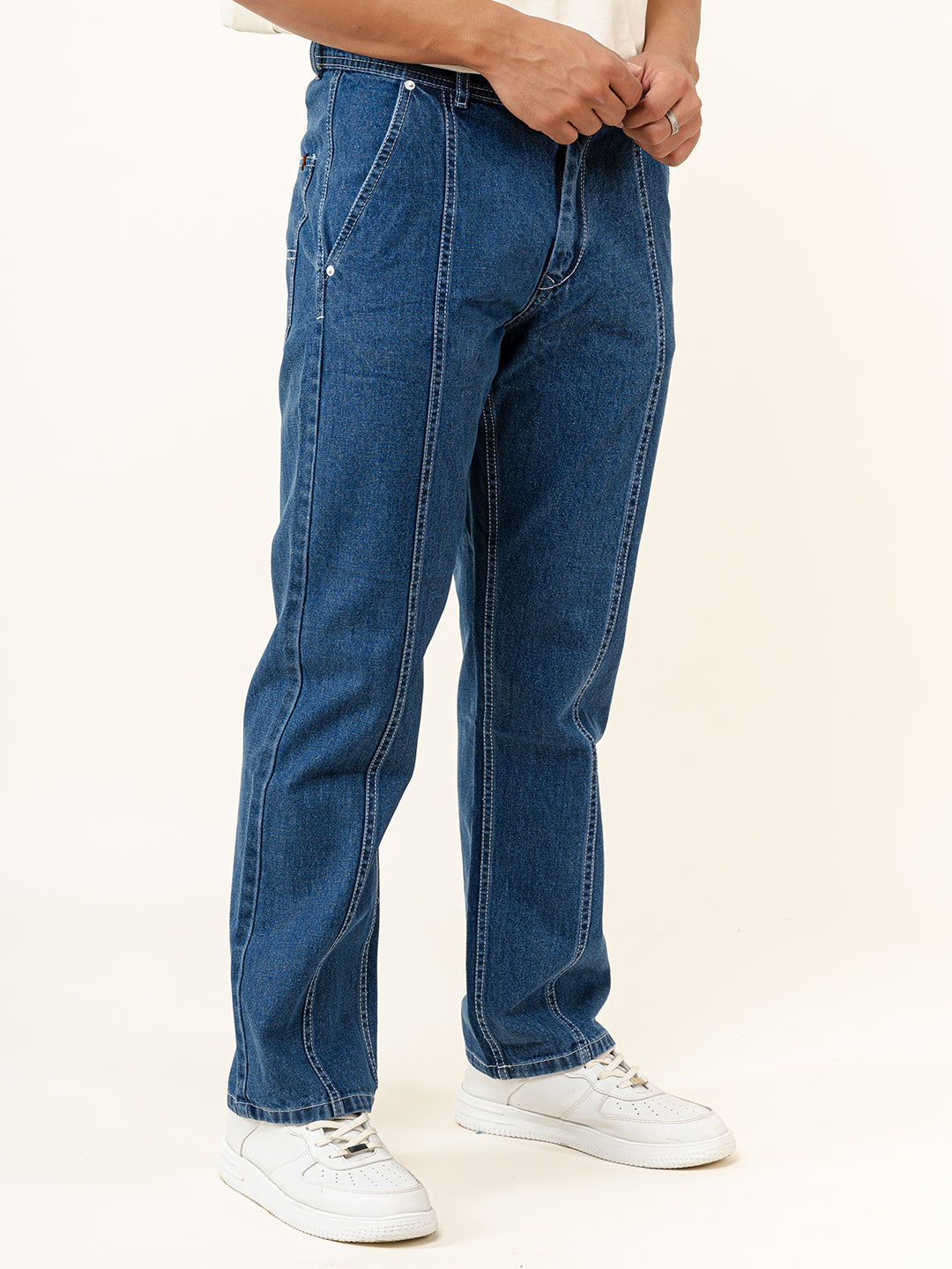 Blue Flared Straight Fit Denim Cargo Jeans