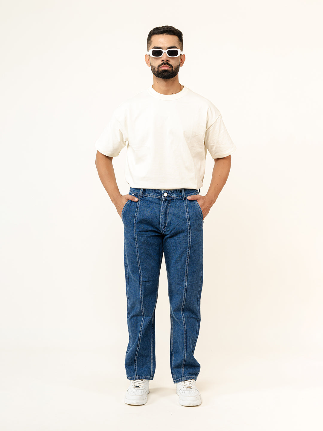 Blue Flared Straight Fit Denim Cargo Jeans