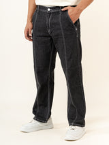 Carbon Black Flared Straight Fit Denim Cargo Jeans