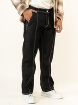 Black Flared Straight Fit Denim Cargo Jeans