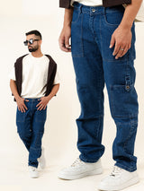 Dark Blue Comfort-Fit Cargo Denim Jeans