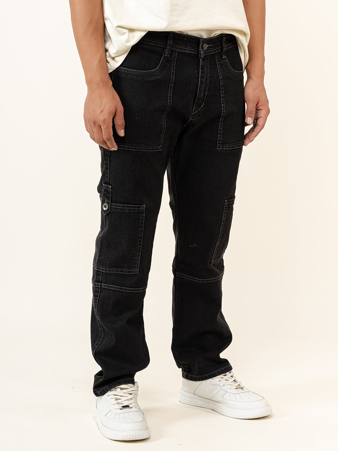 Carbon Black Comfort-Fit Cargo Denim Jeans