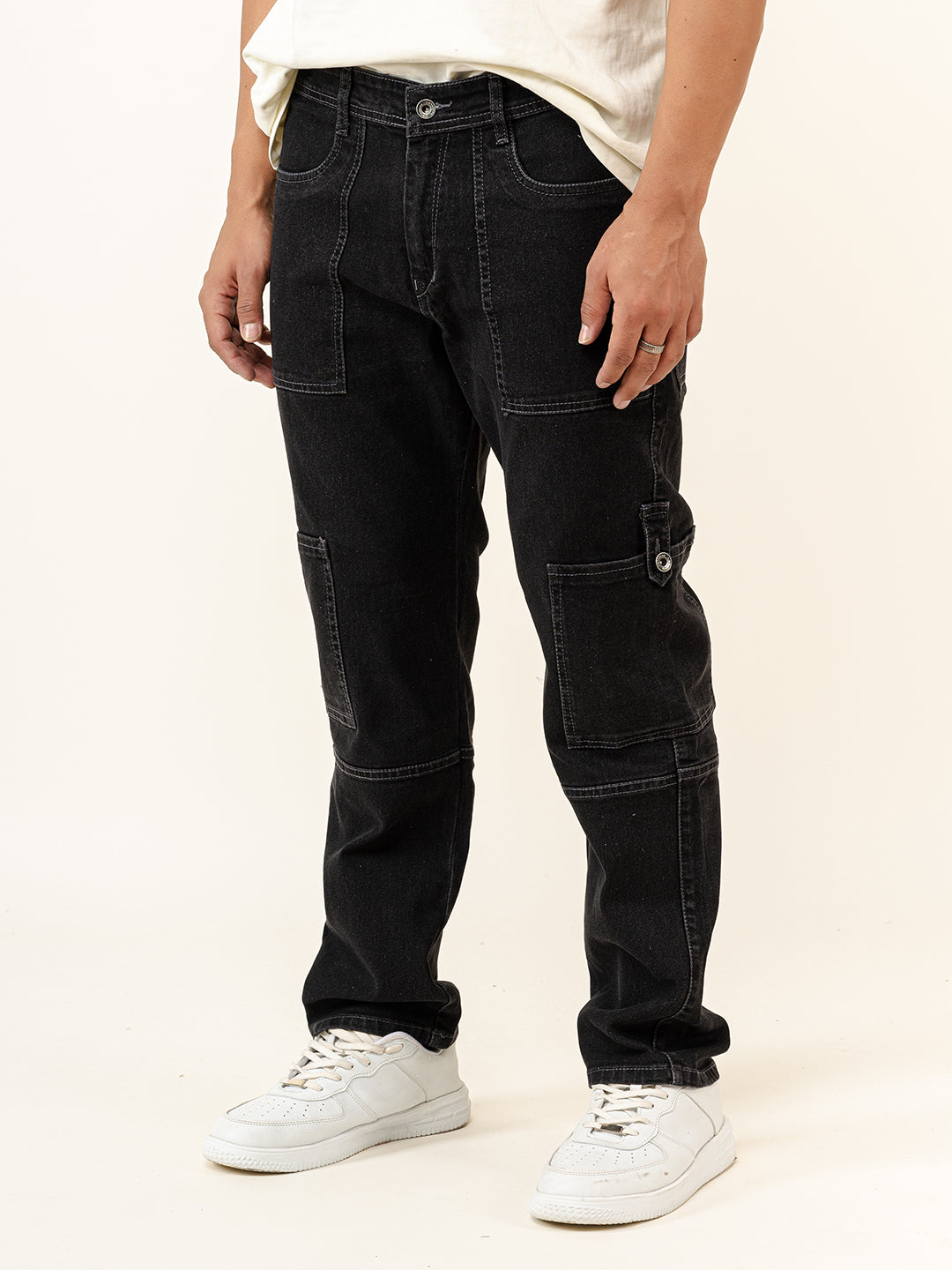 Carbon Black Comfort-Fit Cargo Denim Jeans