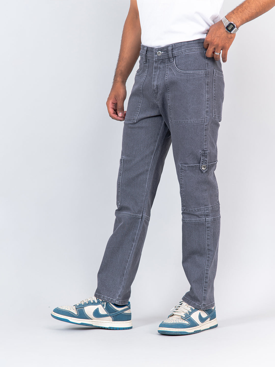 Grey Comfort-Fit Cargo Denim Jeans