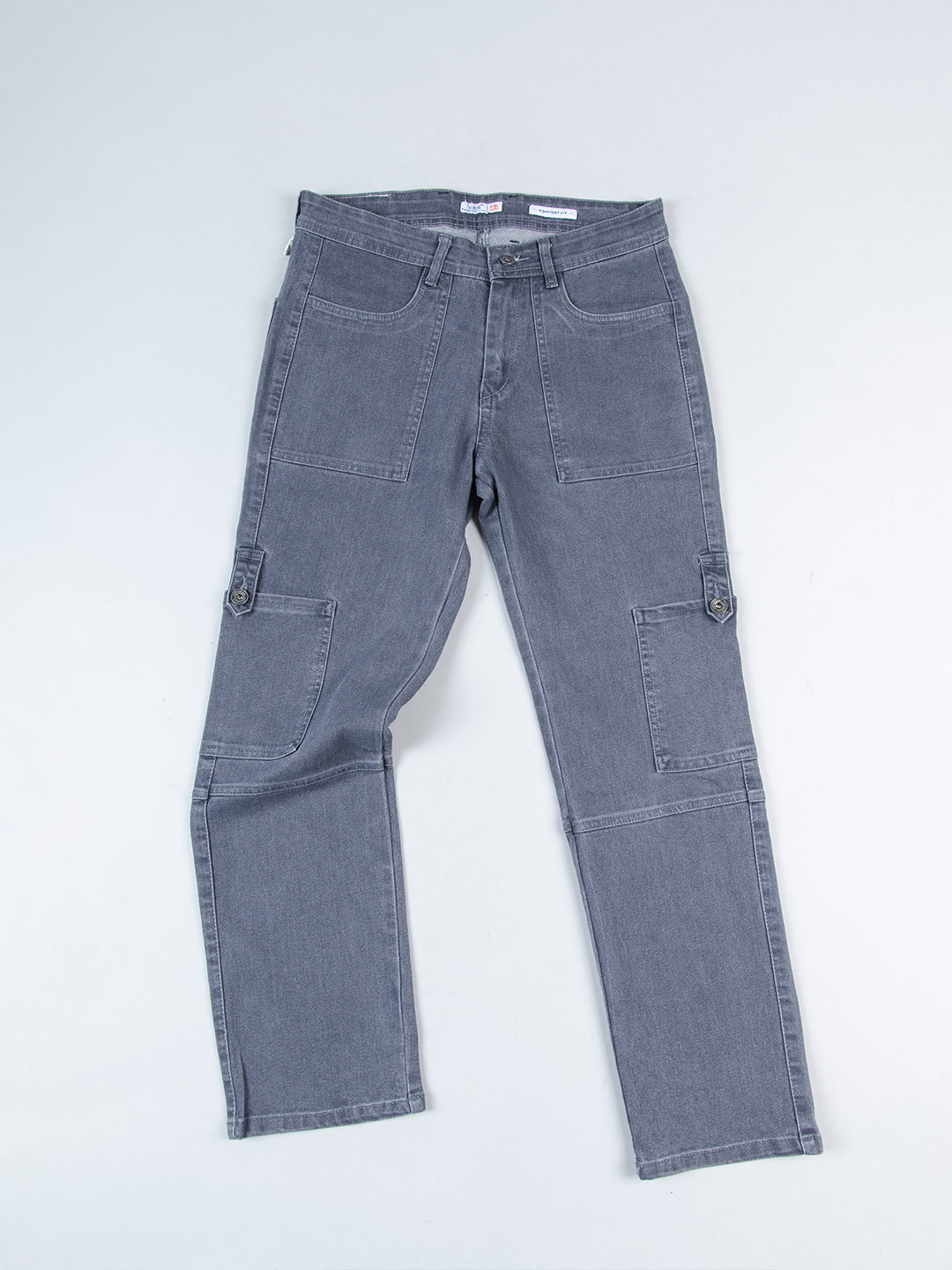 Grey Comfort-Fit Cargo Denim Jeans