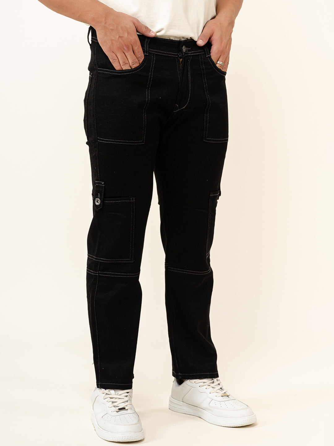 Black Comfort-Fit Cargo Denim Jeans