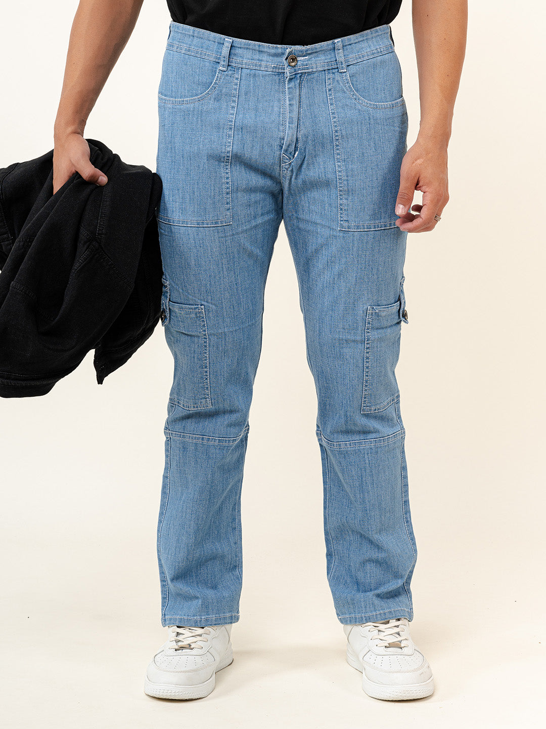 Light Blue Comfort-Fit Cargo Denim Jeans