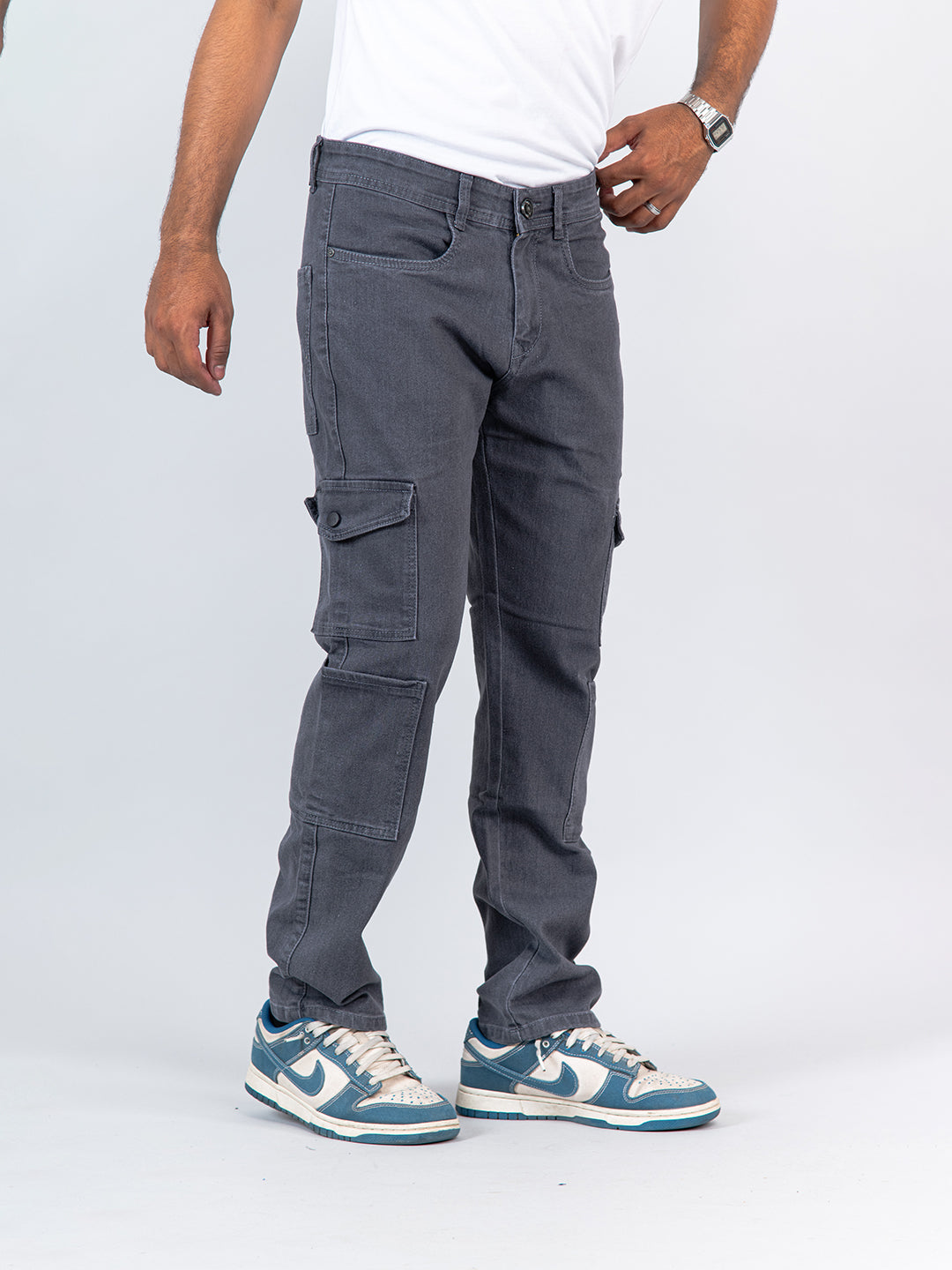 Grey Baggy-Fit Cargo Denim Jeans