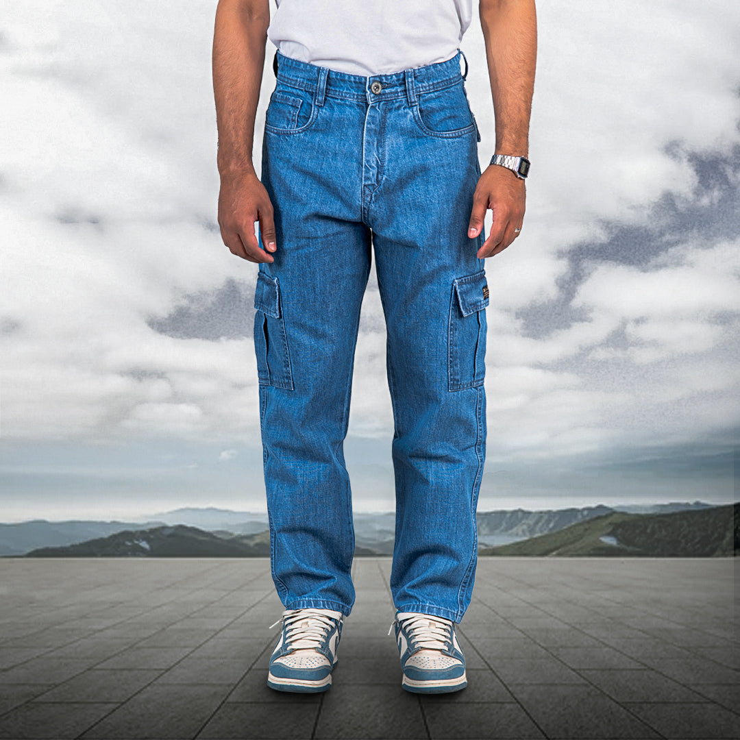 Blue Baggy-Fit Cargo Denim Jeans