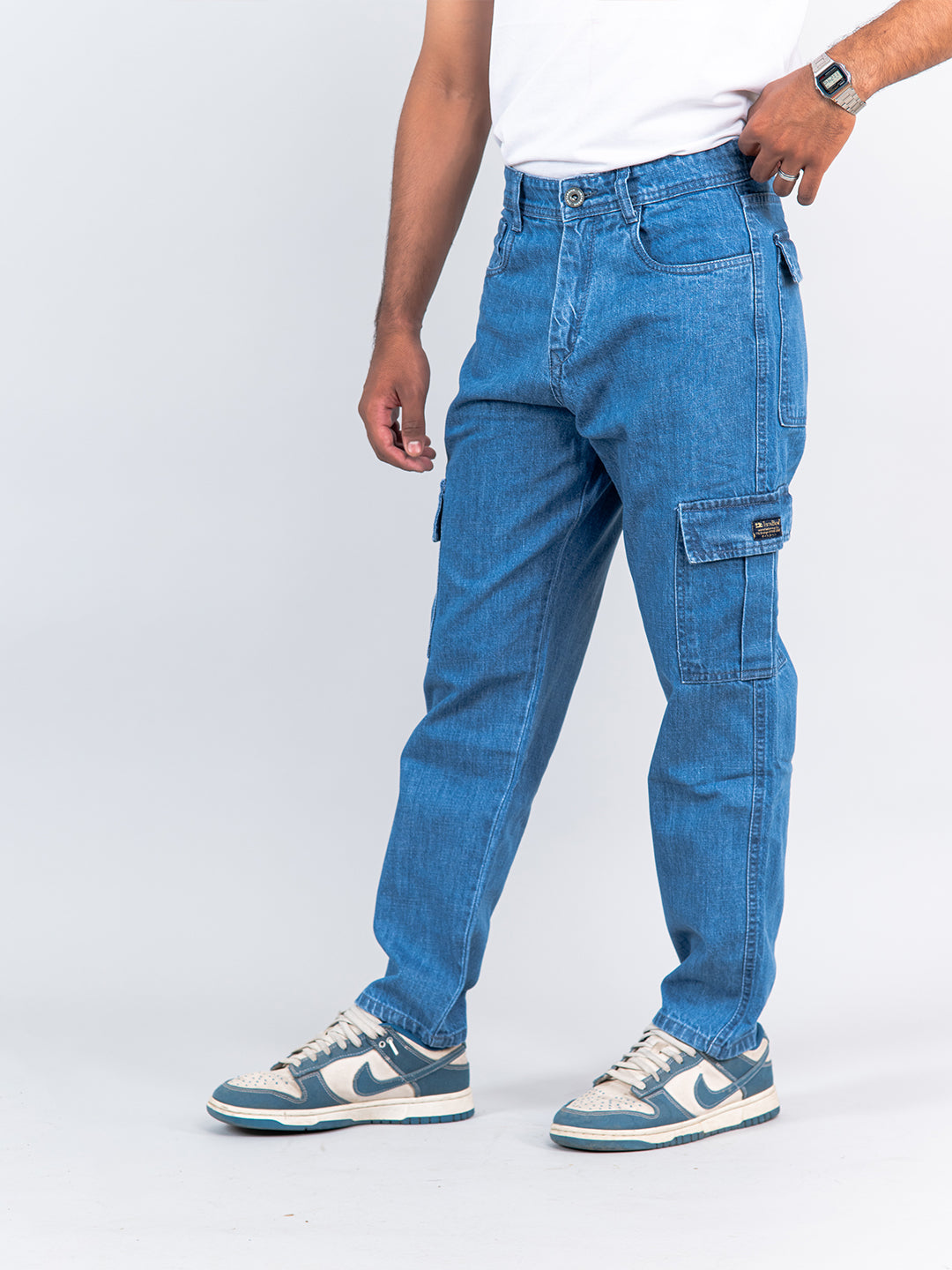 Blue Baggy-Fit Cargo Denim Jeans