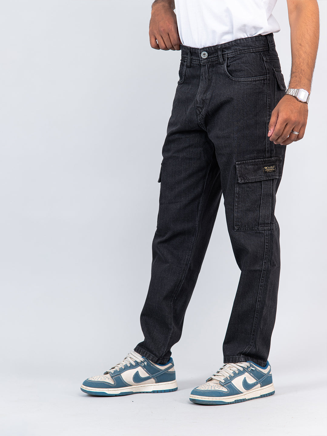 Carbon Black Baggy-Fit Cargo Denim Jeans