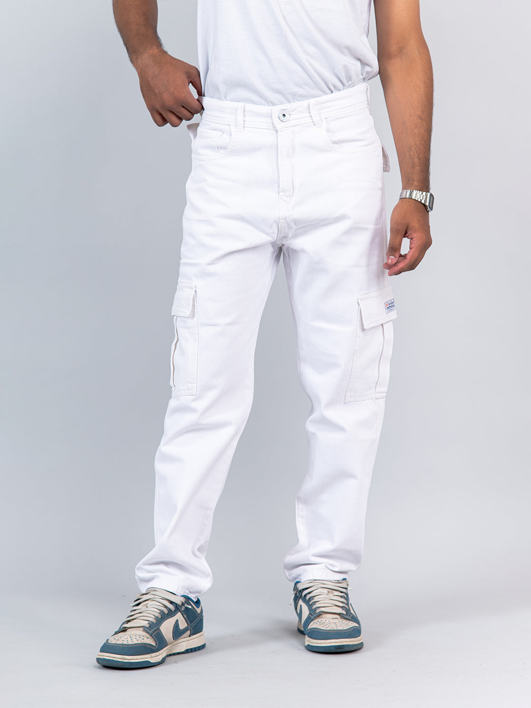 White Baggy-Fit Cargo Denim Jeans