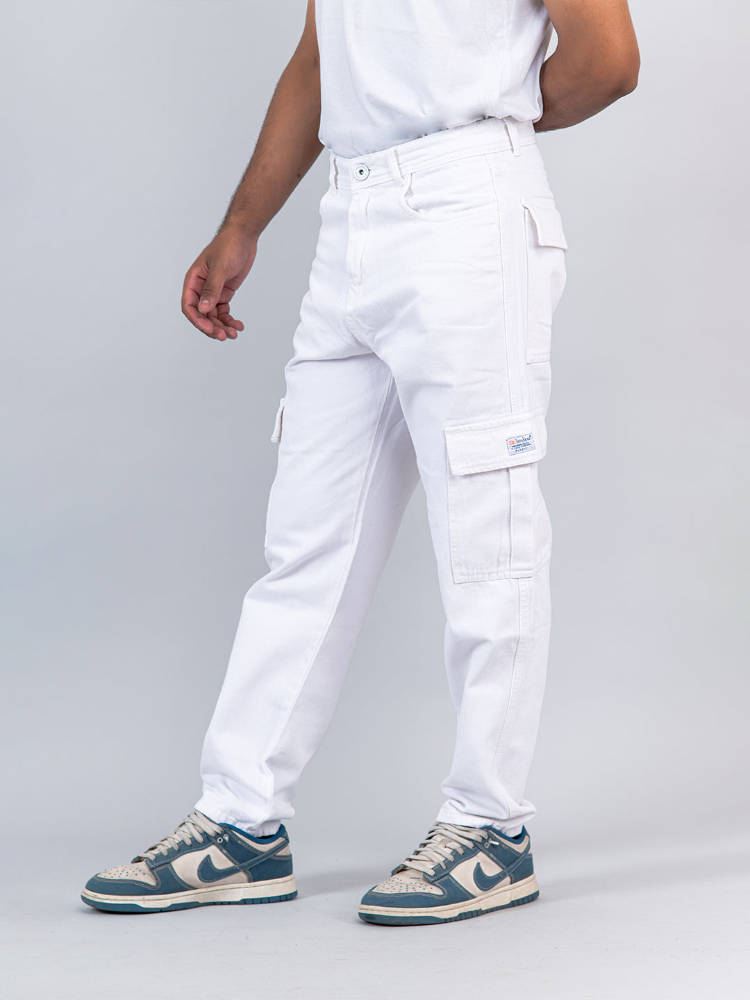 White Baggy-Fit Cargo Denim Jeans