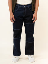 Dark Blue Colour Block Straight Fit Denim Jeans