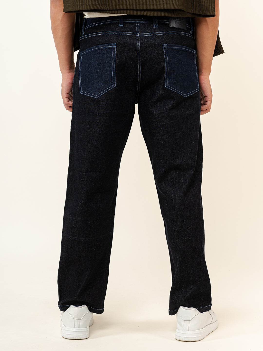 Dark Blue Colour Block Straight Fit Denim Jeans