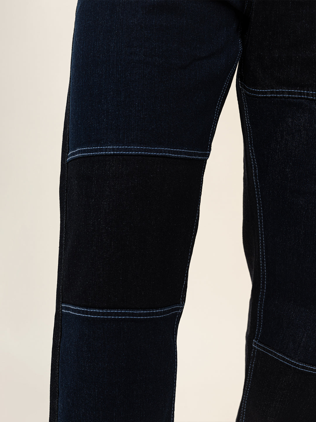 Dark Blue Colour Block Straight Fit Denim Jeans