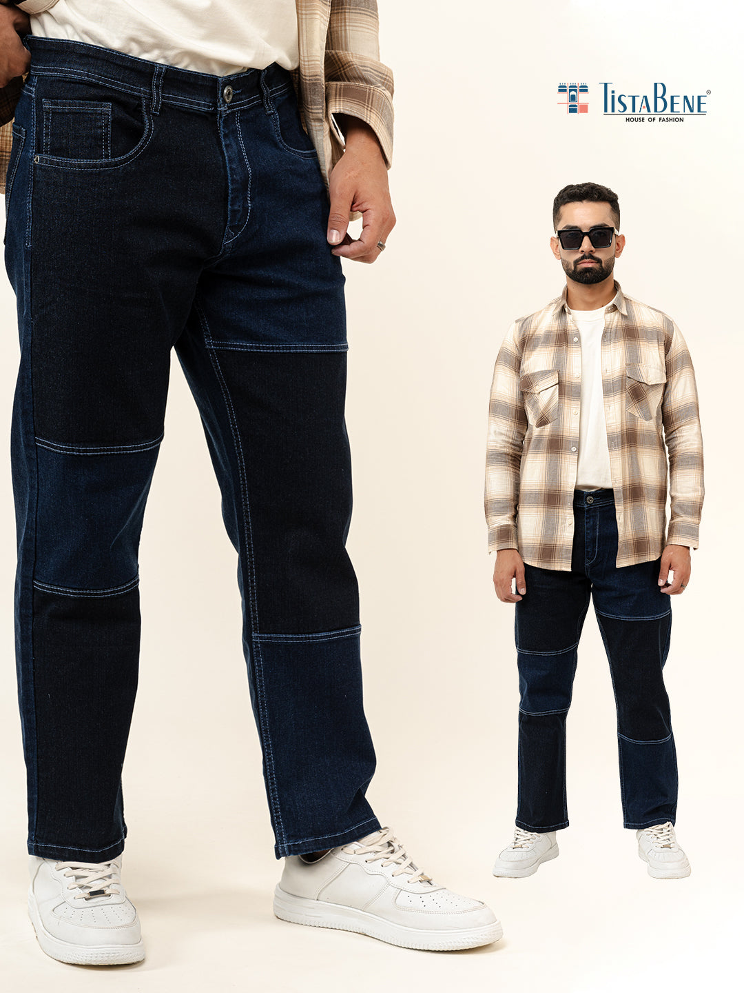 Navy Blue Colour Block Straight Fit Denim Jeans