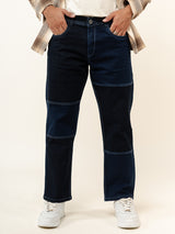 Navy Blue Colour Block Straight Fit Denim Jeans