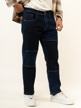 Navy Blue Colour Block Straight Fit Denim Jeans