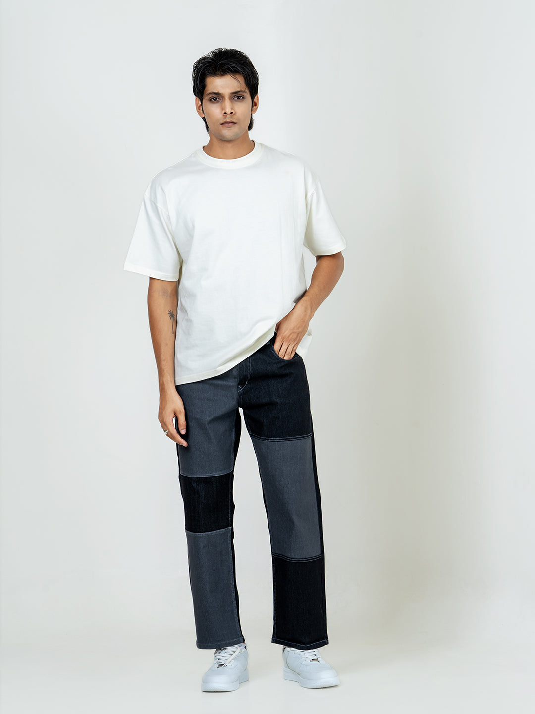 Black Colour Block Straight Fit Denim Jeans