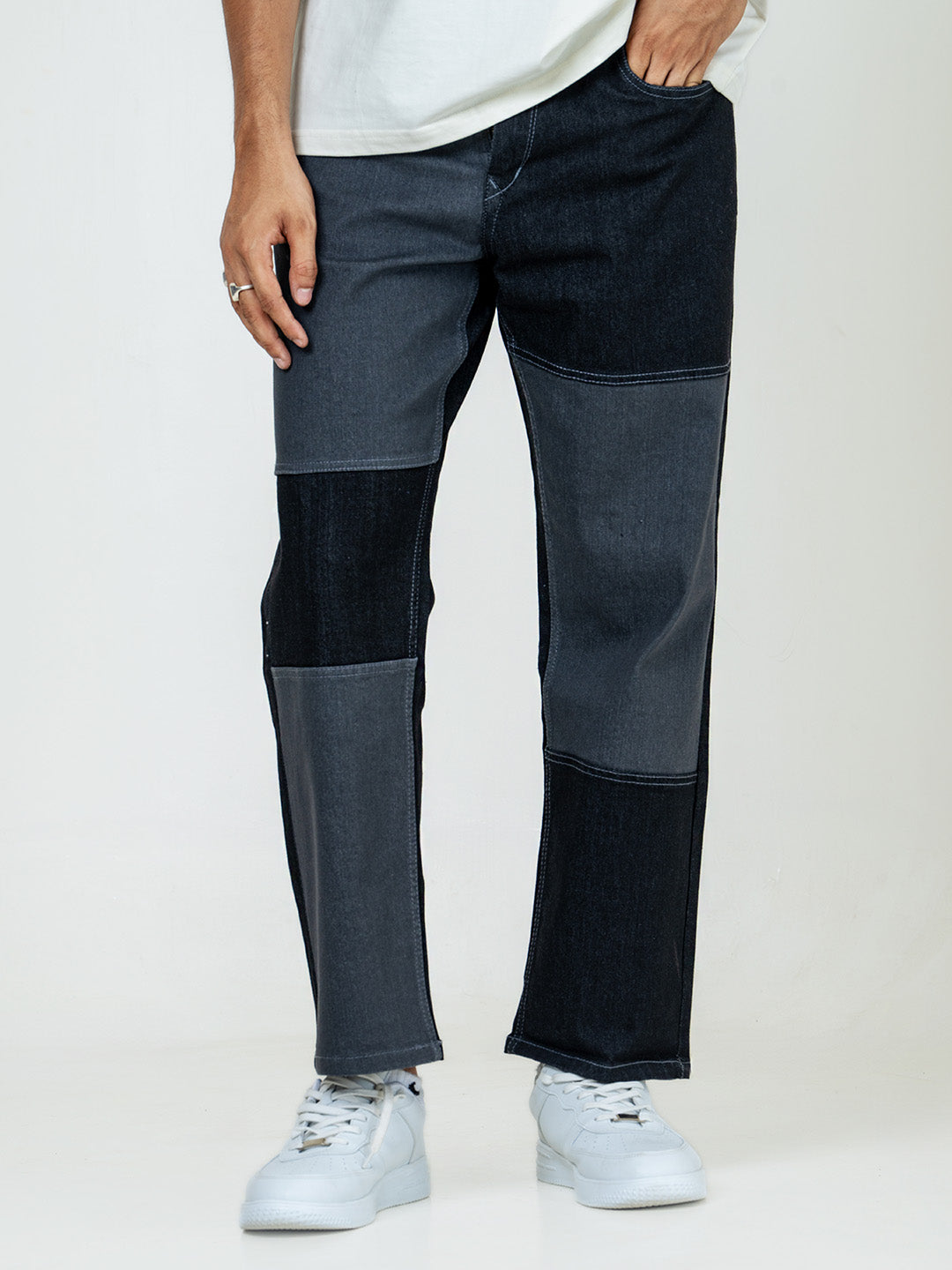 Black Colour Block Straight Fit Denim Jeans